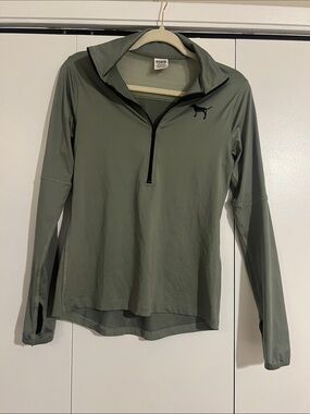 PINK Victoria's Secret Sage Green Zip-Front Pullover with Black Logo